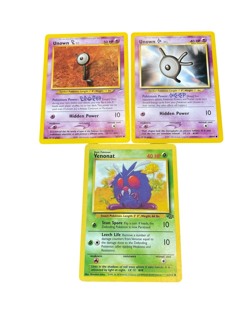 Pokemon Cards 1995 Unown & Venonat Lot of 3